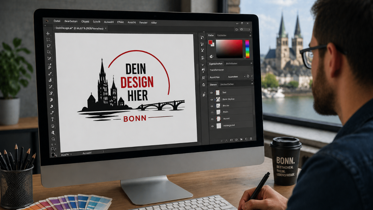 Grafikdesign am Computer mit Druckvorlage und Bonn Logo – Druckwelle Digitaldruck und Werbetechnik Bonn