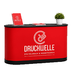 Promotionstheke für Messestände von Druckwelle – mobiler Messetresen mit individuellem Druck