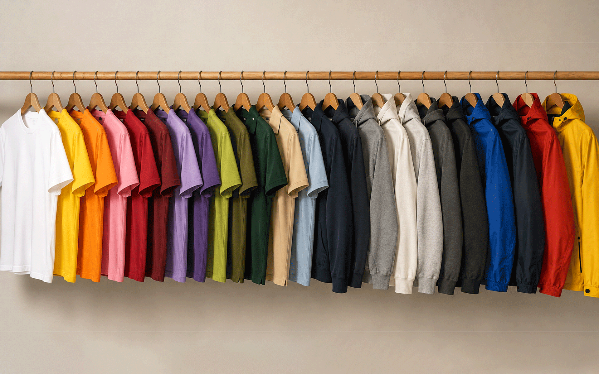 Verschiedene Textilien zum Bedrucken – T-Shirts, Poloshirts, Hoodies und Jacken in vielen Farben